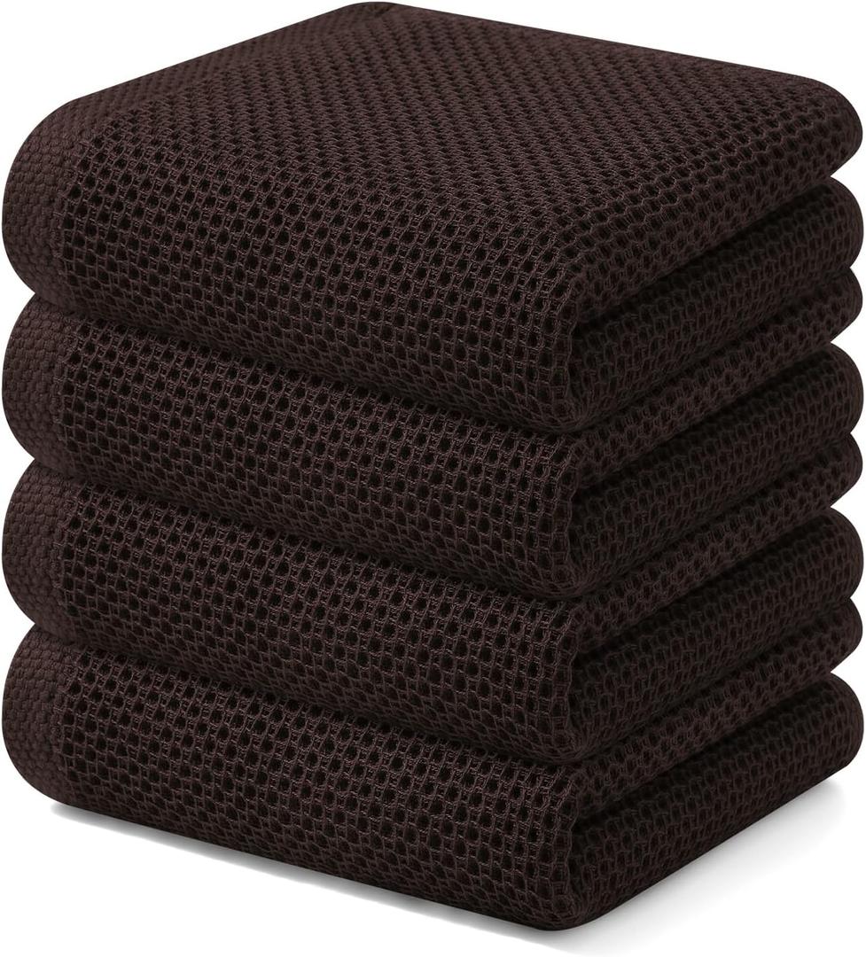 Kitinjoy 100% Cotton Waffle Weave Kitchen Hand Towels (13 X 28 Inches, Dark Brown), 4-Pack Super Soft and Absorbent Dish Towel for Drying Dishes