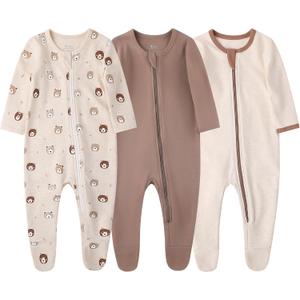 O2 BABY Baby Boys Girls Organic Cotton Zip-Front Sleeper Pajamas, Footed Sleep 'n Play (12-18 Months, Brown & Bear & Oatmeal)
