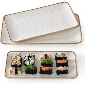 Ceramic Rectangle Serving Platter with Brown Rim: 15.6/14.1/12.6 Inch Large Serving Dishes for Entertaining Party, Turkey, Cheese, Sushi, Snack and Dessert, Microwave Dishwasher Safe