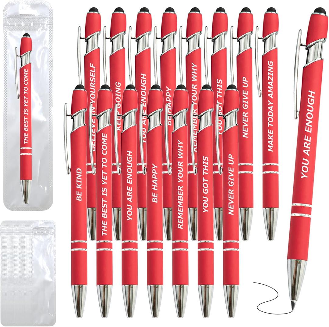 60 Piece Inspirational Pens Kit with Stylus Tip & Sayings  30 Motivational Pen + 30 Individual Bags  Uplifting Quote & Positive Ideas  For Teachers, Office, School, Meetings, Team (Christmas Red)