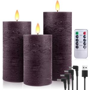 3 Pack Rechargeable LED Candles with 10-Key Remote Control, Waterproof Rechargeable Candles, Flameless Real Wax Flickering Wick, Yellow Light Pillar Candles with Timer Function - Dark Purple
