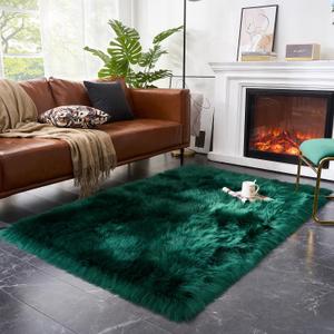 EasyJoy Ultra Soft Fluffy Shaggy Area Rug Faux Fur Rug Chair Cover Seat Pad Fuzzy Area Rug for Bedroom Floor Sofa Living Room (4 x 6 ft Rectangle, Dark Green)