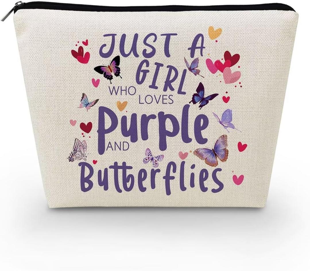 Just Love Purple And Butterflies Makeup Bag Canvas Organizer Zipper Pouch Heart Floral Butterflies Cosmetic Bag Present for Purple Butterfly Lovers Women