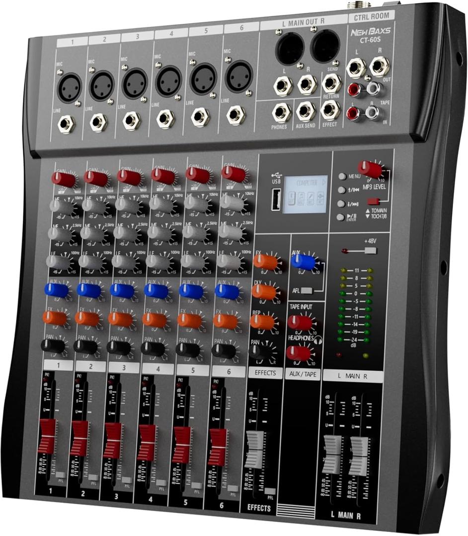 Professional DJ Audio Mixer - NEW BAXS 6 Channel DJ Bluetooth Controller Sound Mixer, USB Interface, 6 XLR Mic/ Line Input, AUX, FX Processor MP3 Player, +48V Phantom For Karaoke Studio Streaming Recording
