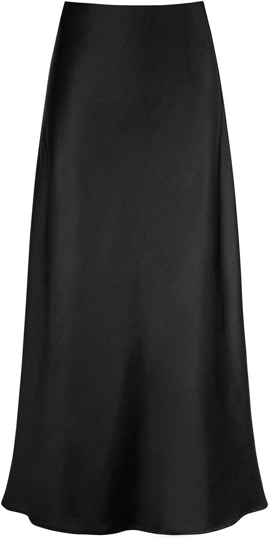 Outoshe Women's Satin High Waisted Maxi Skirts Hidden Elasticized Waistband A Line Long Skirt (Black, XL)
