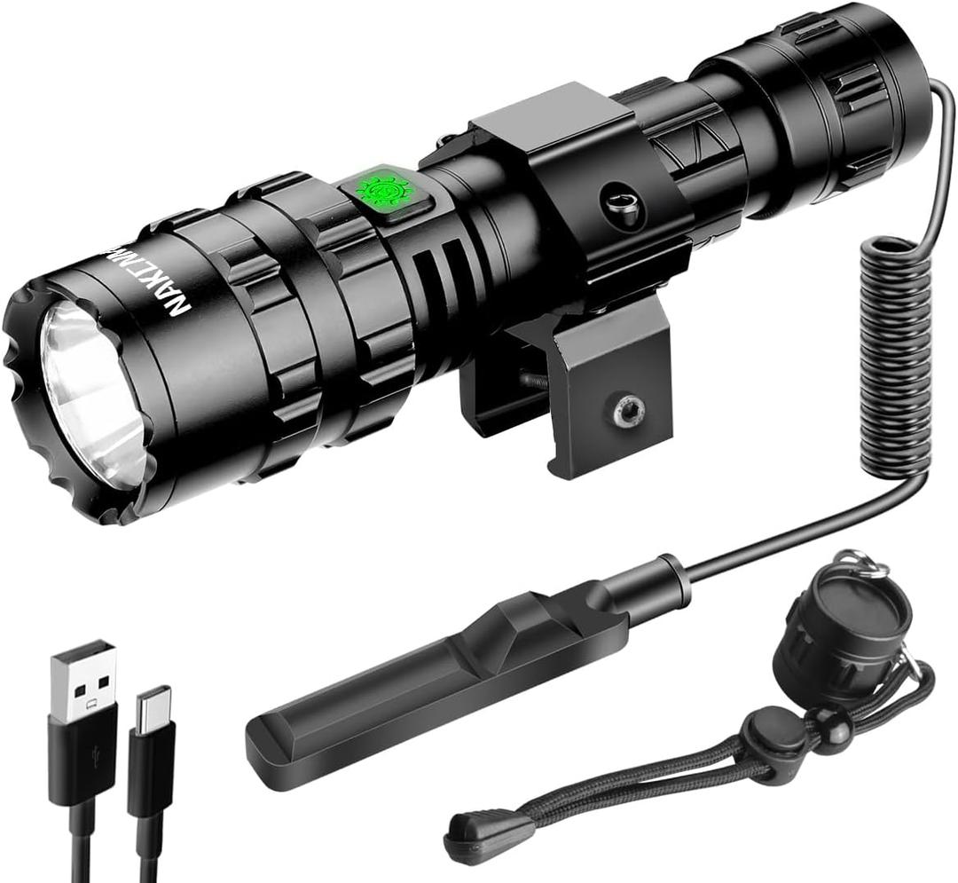 NAKCNM Tactical Flashlight with Picatinny Rails Mount, 3000 Lumen Weapon Light Rechargeable 5 Modes, Remote Pressure Switch Included for Hiking Outdoor Activities