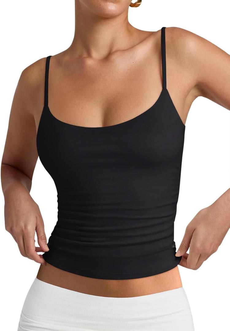 PINKMSTYLE Women's Basic Double Lined Scoop Neck Tank Tops Adjustable Cami Tank Summer Sleeveless Tops (Medium, Black)