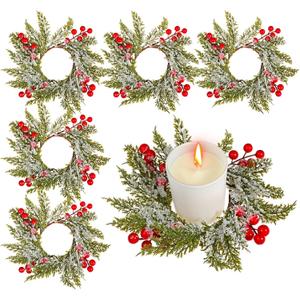 6 Pcs Christmas Candle Rings Wreath Red Berry Mini Cabinet Wreaths Artificial Snowy Wreath Candle Ring Holder for Christmas Table Centerpiece