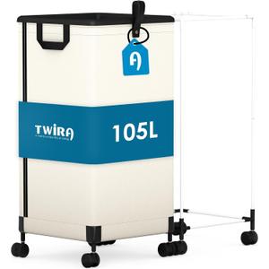 Laundry Basket with Wheels 105L, Large Rolling Laundry Hamper with Removable Bag, Metal Frame Collapsible Dirty Clothes Bin, Cloth Organizer Hampers Pull Handle for Bathroom, Dorm, Bedroom White (105L(27.74gal))