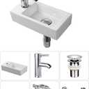 Wall Hung Basin Sink Small Cloakroom Basin Rectangle Ceramic Wash Basin Left Hand with Tap & Drain, (Art Deco)