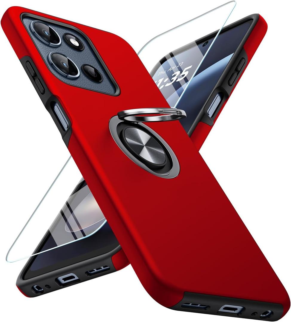 JAME for Motorola Moto G 2025/2026 Case, Moto G Play 2026 Case with Screen Protector, Dual Layer Military Grade Shockproof Cover with Ring Holder Stand Kickstand Protective Phone Cover, Red