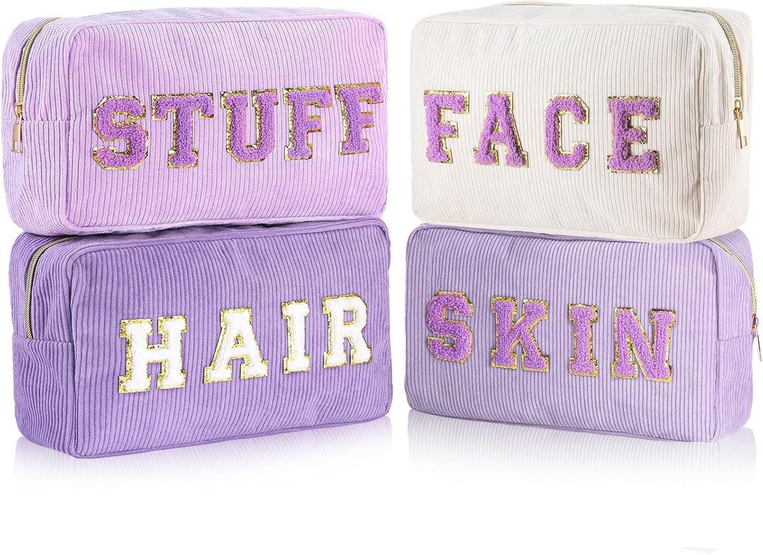 Pinkunn 4 Pcs Preppy Makeup Bags Chenille Letter Travel Organizer Face Skin Hair Stuff Corduroy Cosmetic Hygiene Toiletry Pouch with Zipper Wedding Birthday Gifts for Women