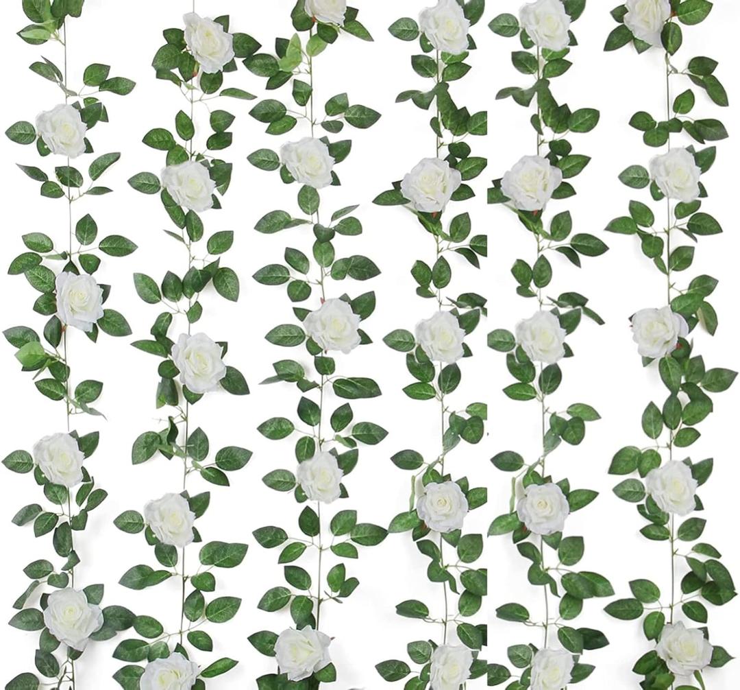 Niuniufine 6PCS Artificial Rose Vine 50FT Silk Flowers Garland White Rose Fake Hanging Ivy Vine for Wedding Arch Table Centerpiece Home Table Wall Decor