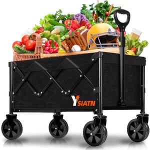 Collapsible Wagon with All Terrain Wheels, Large Grocery Cart On Wheels, 220LBS Utility Folding Wagon for Camping Shopping Beach Sports Fishing, Black (100L)