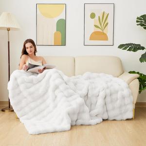 White Faux Fur Throw Fluffy Blanket Cozy Fuzzy Bubble Throw Blanket Soft Comfy Thick Warm Blankets for Winter Twin Weighted Plush Blanket 60x80 Inch 860gsm