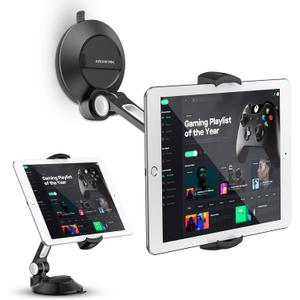 AboveTEK iPad Suction Mount, Phone Tablet Stand Holder with Suction Cup Fits 4"-11" Tablet/Phone/iPad mini/Air, Sticky iPads Mount on Window Bathroom Mirror, for Car Truck Windshield Boat (Black)
