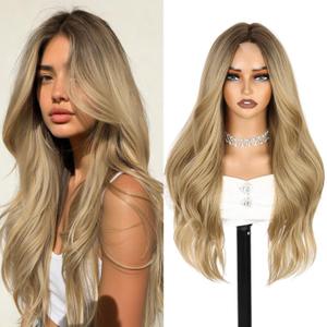 WIGER Long Ombre Blonde Wavy Wig for Women Middle Part Curly Natural Hairline Glueless Wigs TALOS Synthetic Heat Resistant Fiber Wig for Cosplay Costume Christmas (Light Brown)