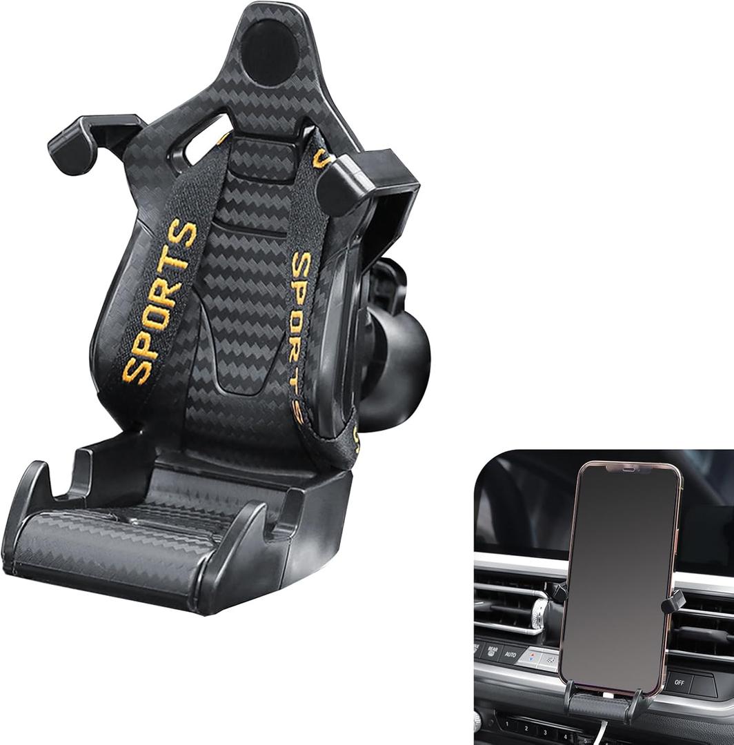 Car Air Vent Phone Mount, Carbon Fiber Racer Seat Style Cell Phone Holder, 360 Rotatable Secure Adaptive Tightening Car Mount, Universal for Most Car Air Vents (Gold)