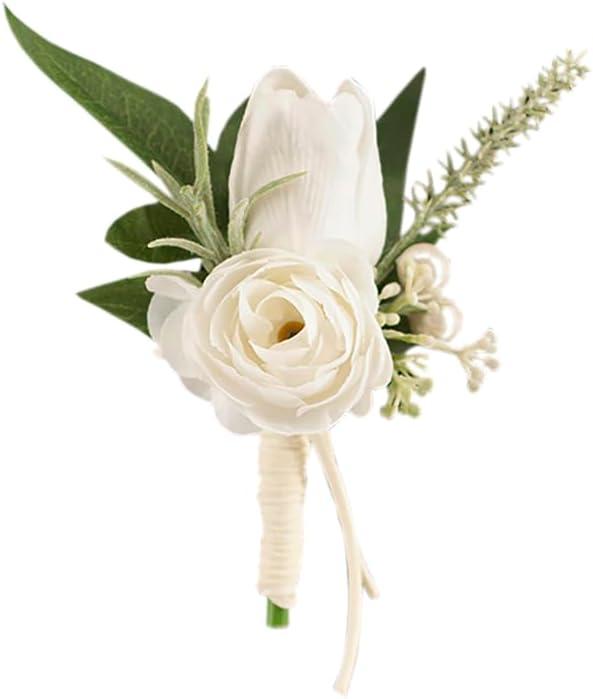 1 pc White Boutonniere for Men Wedding Single Groom Groomsmen Artificial Tulip Rose Flowers Boutonniere for Wedding Prom Homecoming Ceremony Anniversary Formal Dinner Party
