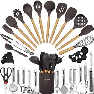 Cooking Utensils Set- 35 PCs Kitchen Utensils with Grater, Tongs, Spoon Spatula &Turner Made of Heat Resistant Food Grade Silicone and Wooden Handles Kitchen Gadgets Tools Set for Cookware (Dark Gray)