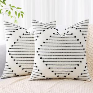 Mecatny Boho Indoor Outdoor Throw Pillow Covers 18X18 Set of 2, Farmhouse Decorative Pillow Covers for Couch Sofa Living Room, Black & Cream White