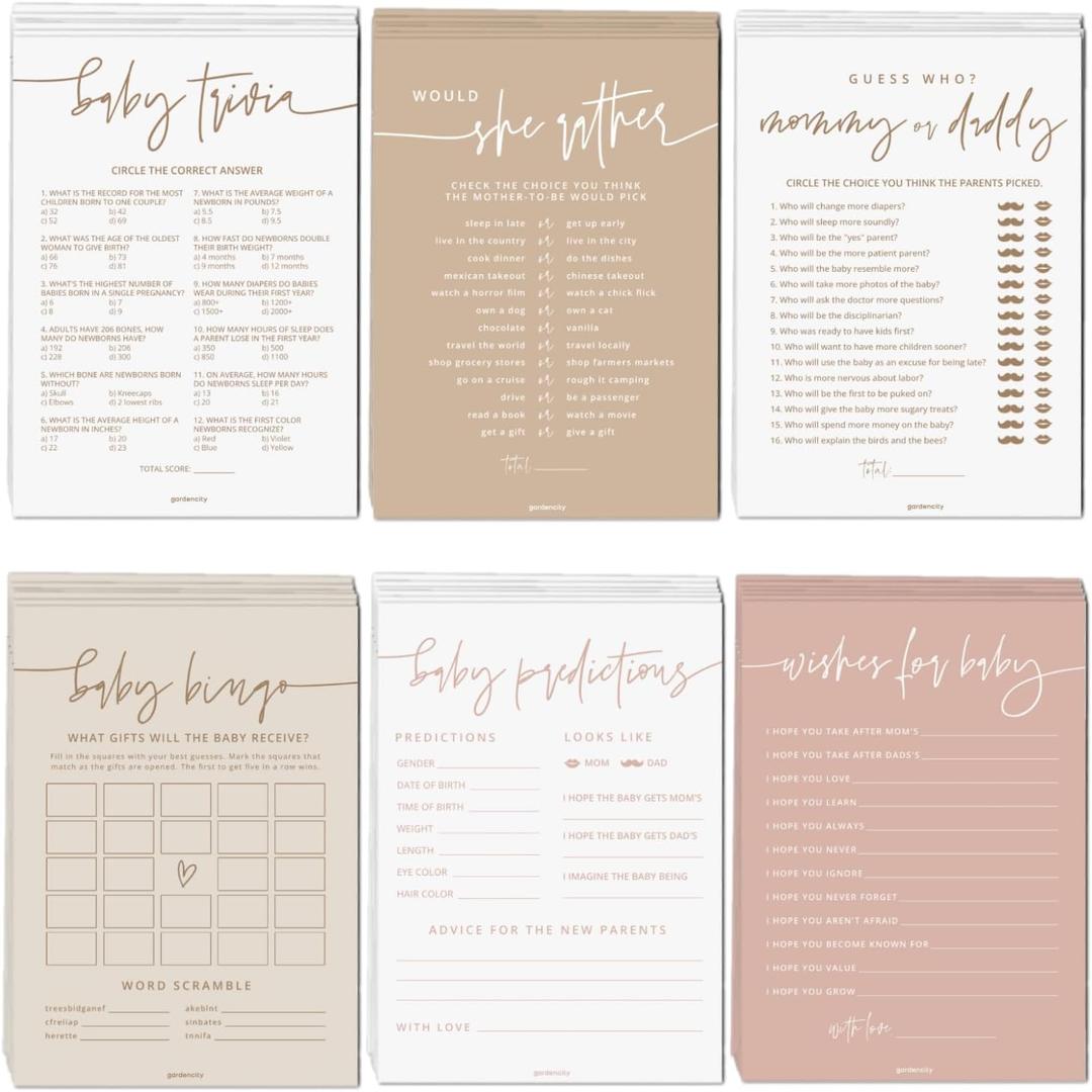 Baby Shower Games for Girl - Set of 6 Boho Baby Shower Games for 25 Guests, Double-Sided Cards, Gender Neutral