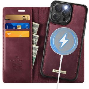 Wallet Case for iPhone 16 Pro Max Compatible with Magsafe, 2-IN-1 PU Leather Flip RFID Blocking Card Holder Stand Shockproof Magnetic Detachable Case for iPhone 16 Pro Max Case 6.9", Burgundy