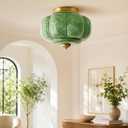 Bofea-Mid Century Semi Flush Mount Ceiling Light Fixture,Green Glass Hallway Light,Vintage Gold Ceiling Light,Antique Brass Lighting Fixture,Close to Ceiling Lamp for Kitchen Entryway Bathroom, 15in