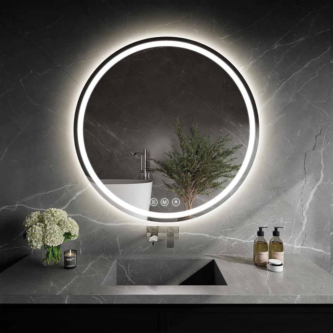 LED Bathroom Mirror 24 Inch Round Bathroom Mirror with Lights, Circle LED Mirror, Wall Mounted Lighted Bathroom with 3 Colors Brightness, Anti-Fog, Dimmable, Shatter-Proof
