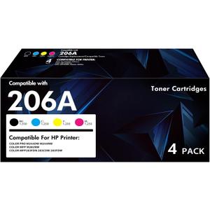 206A Toner Cartridges 4 Pack MFP M283fdw M283cdw Toner Compatible for HP 206A 206X W2110a W2110x M255dw Color LaserJet Pro MFP M283fdw M283cdw M255dw M283 M255 Printer Ink (Black Cyan Yellow Magenta)
