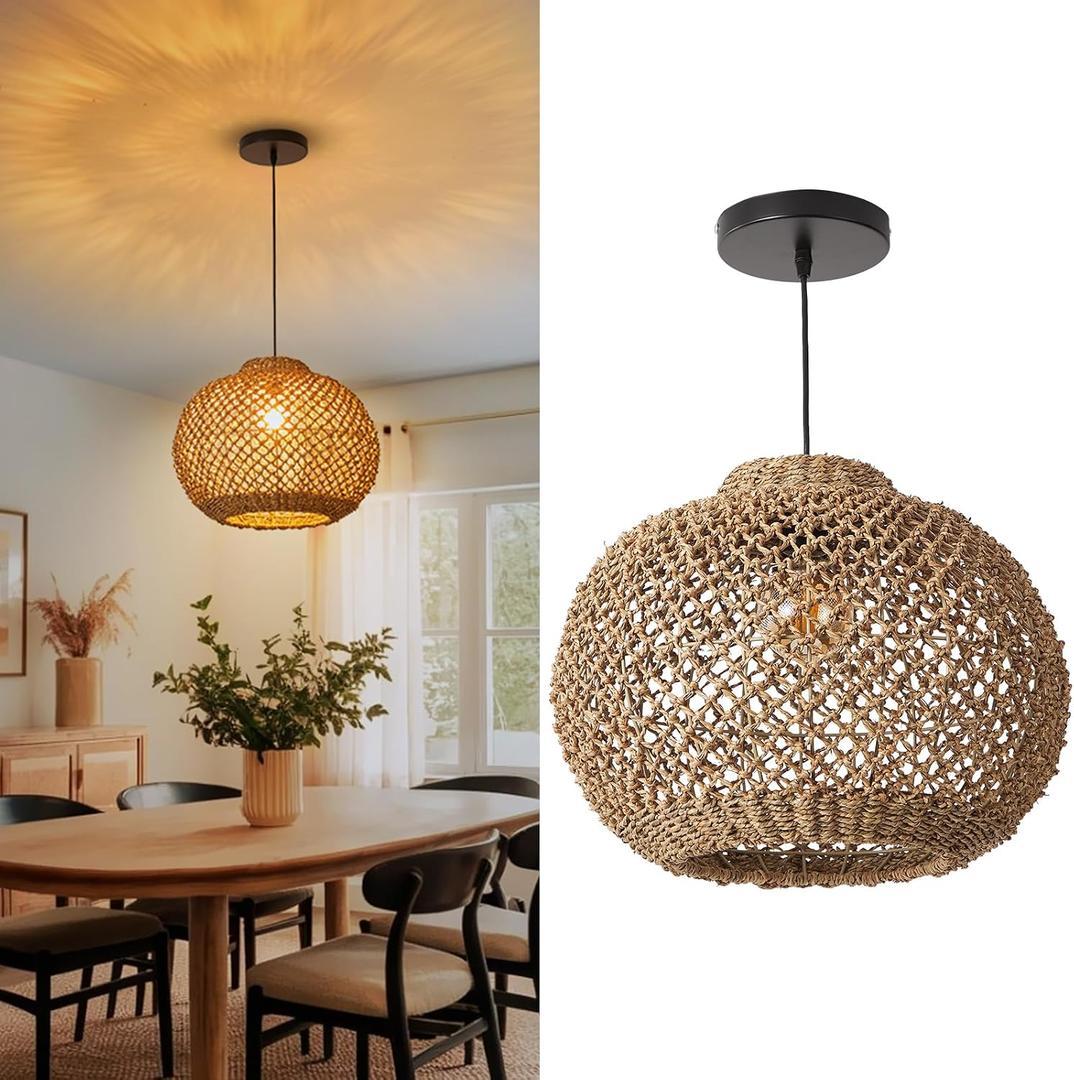 Arturesthome Rattan Woven Pendant Lights Shades, Hand-Woven Boho Chandelier Lighting, Handmade Hanging Lamp Crafts Lampshade for Dining Room W 16.5", 16.5" * 12.9"