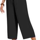 Anyhold Womens Capri Pants Loose High Waisted Wide Leg Lounge Pants Drawstring Casual Palazzo Trousers with Pockets (X-Large, Black)