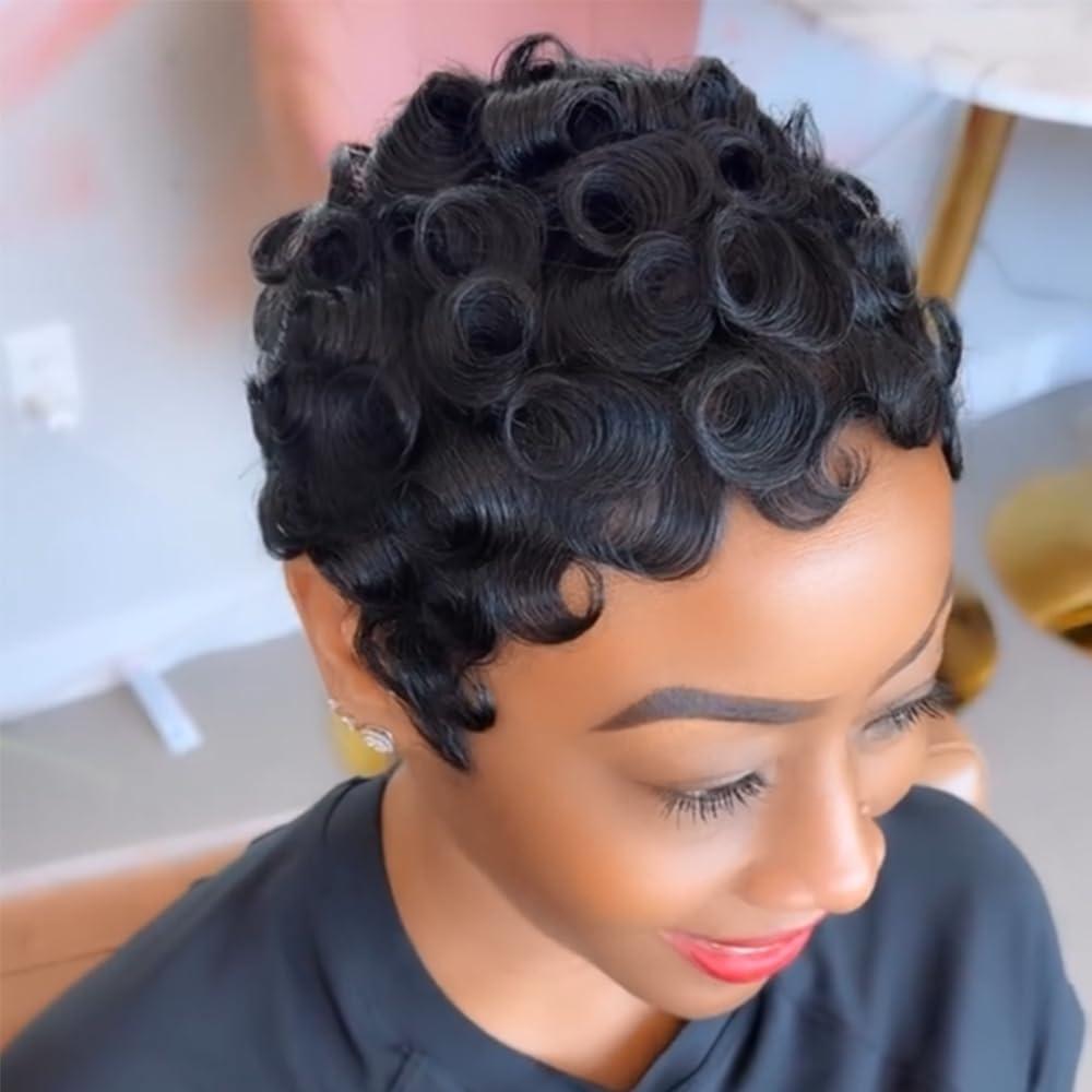 Short Layered Pixie Cut Wig Human Hair Wear and Go Glueless Curly Human Hair Wigs With Bangs for Women Full Machine Made None Lace Front Wigs Human Hair Natural Black Color (4 Inch)