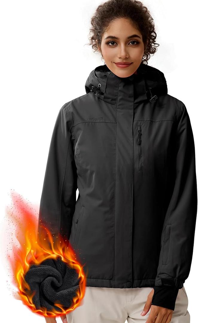 FREE SOLDIER Women's Waterproof Ski Snow Jacket Fleece Lined Warm Winter Rain Jacket with Hood Fully Taped Seams (Small, Black)
