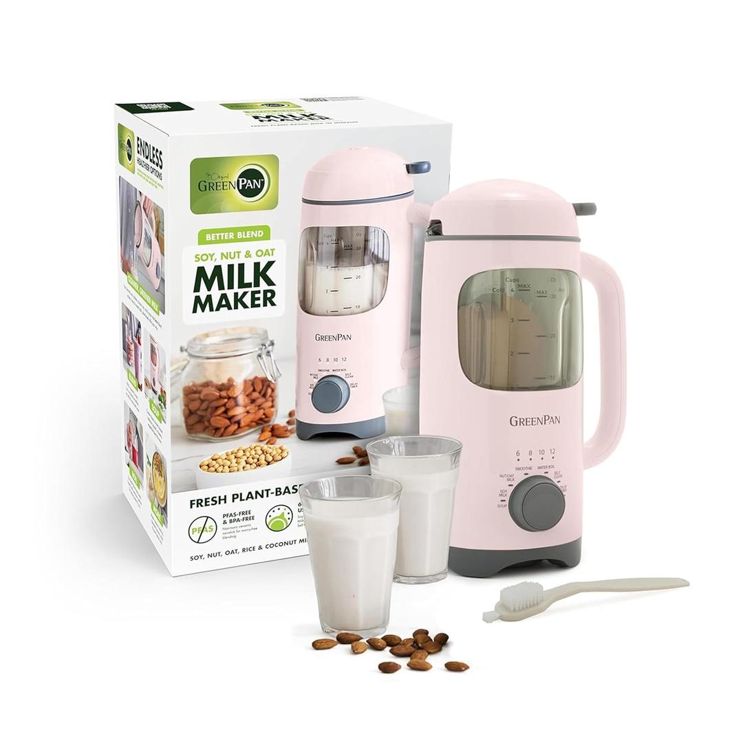 GreenPan 30oz Nut Milk Maker Machine, 15-in-1 for Homemade Almond, Oat, Soy, Coconut, Plant-Based Non-Dairy Beverages, Soups, BPA-Free Glass, Automatic Self-Clean, Delay Start, Pink