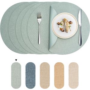 Round Wipeable Placemats Set of 6  Faux Leather Round Table Mats, Waterproof & Washable Vinyl Placemats, Circle Design for Dining Table Decor Sage Green