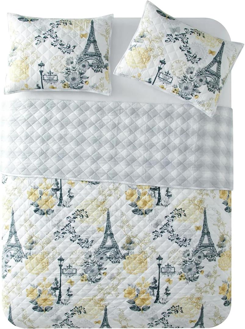 SEDLAV Eiffel Tower Pillow Sham and Quilt Set, 3 Piece, Grey