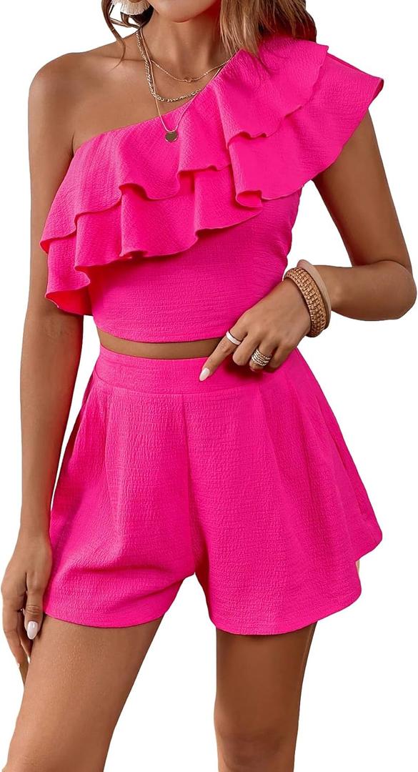 OYOANGLE Women's 2 Piece Outfits Ruffle Trim One Shoulder Sleeveless Crop Top and Elastic Waist Shorts Set Hot Pink X-Large