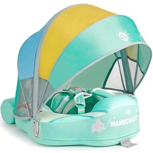 Mambobaby Float with Canopy & Portable Backpack Skin-friendly Baby Swim Float with Tail Waterproof Non-Inflatable Mambo Float Smart Swim Trainer Soft Solid Infant Pool Float 3-24 months Baby Swim Ring