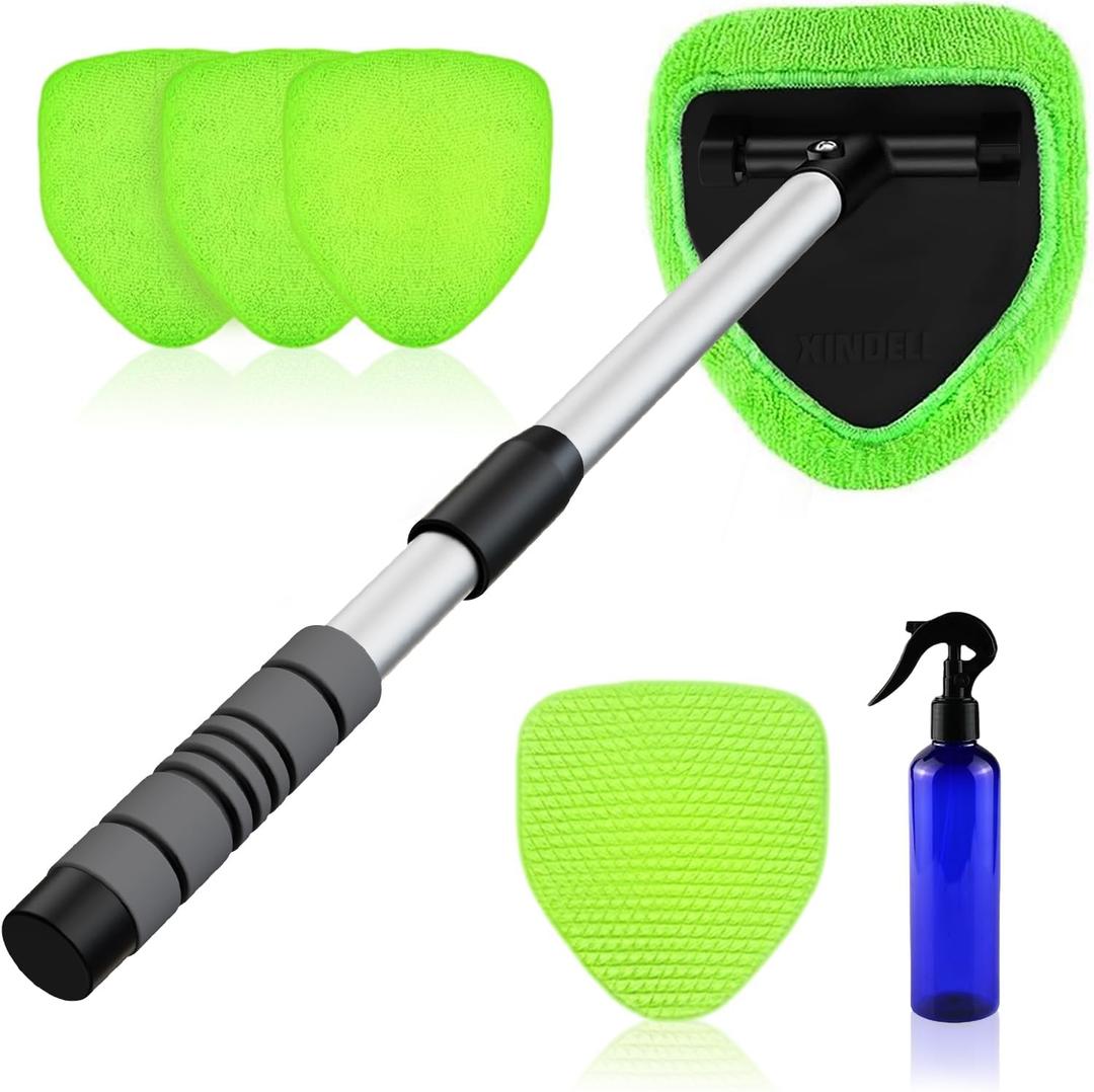 XINDELL 24-inch Windshield Cleaner Tool – Upgrade Large Head Car Interior&Exterior Window Cleaning Kit with Extendable Handle & 4 Microfiber Pads, Auto Wiper Brush for Car, Trucks, SUVs, RVs & Home