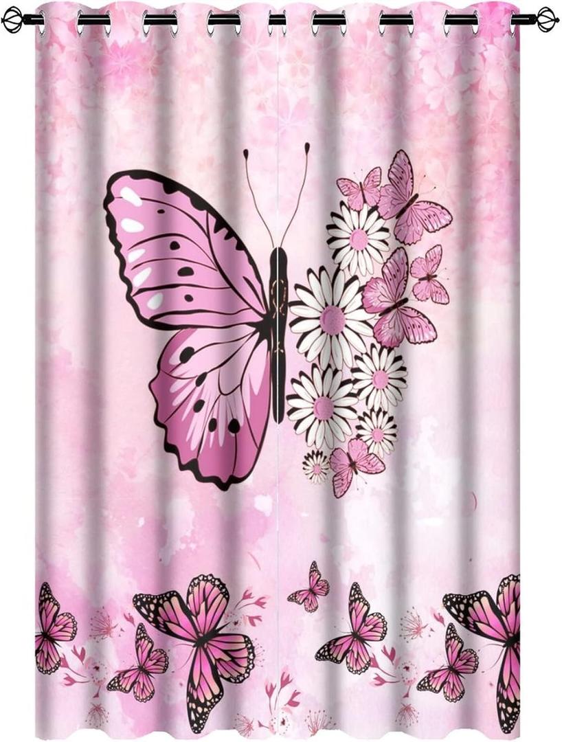 Pink Fantasy Butterfly And Flowers Blackout Curtains for Bedroom,Abstract Modern Art Colorful Butterfly Girls Room Decor Grommet Thermal Insulated Room Darkening Window Curtains 2 Panels 63L x 21W