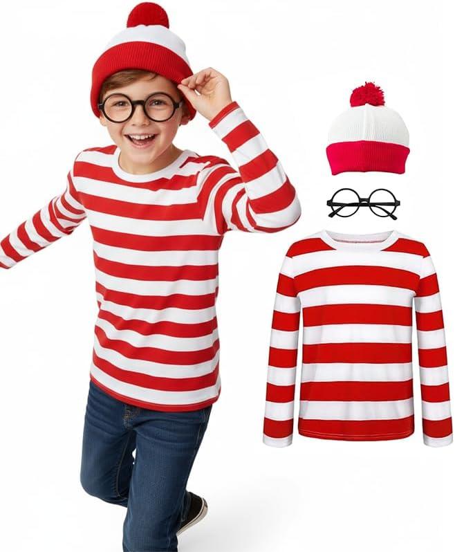 MEDEJU Waldo Red and White Striped Shirt Adult Men Women's Halloween Cosplay Costumes Funny Sweatshirt Outfit Glasses Suits Kid (9-11 years)