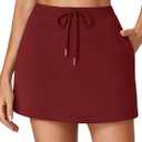 Vrtige Women's Casual Elastic High Waist Drawstring Workout Mini Skirt with Pockets (Red, L)