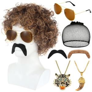 Mepase 7 Set 70s 80s Disco Wig with Mustache Glasses Fully Roaring Tiger Disco Necklace Golden Pendant Chain Short Curly Hair Afro Men Wig for 70s 80s Hip Hop Costume Halloween Cosplay Use