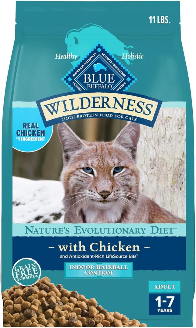 Blue Buffalo Wilderness High-Protein, Grain-Free Natural Dry Food for Adult Cats, Indoor Hairball Control, Chicken, 11-lb. Bag (11 Pound (Pack of 1))
