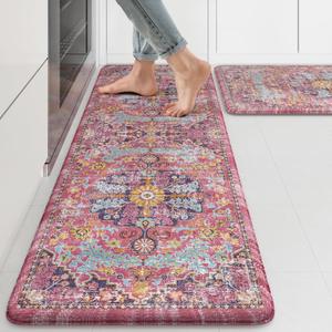 KIMODE Anti Fatigue Kitchen Mat, 17"x47"+17"x29" Boho Vintage Kitchen Rugs Sets of 2, Non-Slip Kitchen Mats for Floor, Cushioned Kitchen Floor Mats for Sink, Laundry, Office, Desk,Fuchsia/Multi