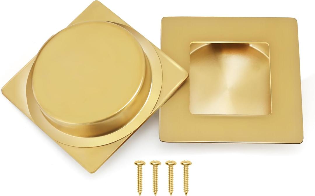 2-3/4 Inch Recessed Finger Flush Pulls for Pocket and Sliding Closet Doors, Brushed Gold Stainless Steel Handle, Square Barn Hardware (2 Pack)