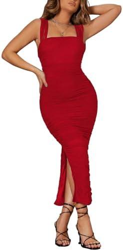 Narecte Women's Midi Bodycon Dress Sexy Ruched Club Party Dress Sleeveless Elegant Cocktail Dresses Extra Large, Red Narecte Women's Midi Bodycon Dress Sexy Ruched Club Party Dress Sleeveless Elegant Cocktail Dresses Extra Large, Red