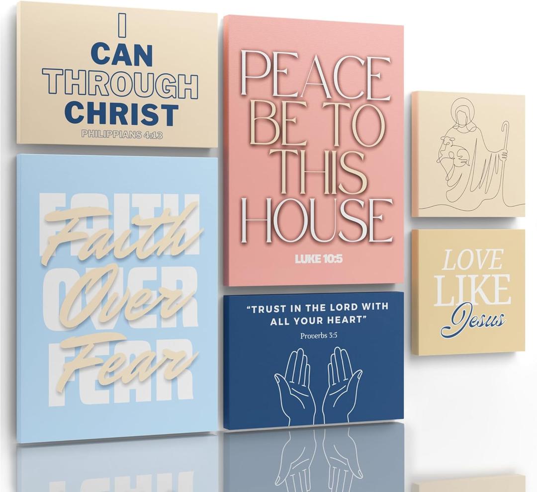 Dandy Decor Christian Wall Art 6 Piece Large Collage | Jesus & Scripture Wall Decor | Christian Wall Decor | Serenity Prayer Boho Art | Bible Verse Wall Canvas | Modern Aesthetic for Your Home & Office | Gift Packaging |