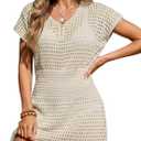 Women Crochet Swim Cover Up Dress V Neck Short Sleeve Waist Cinched Bathing Suit Beach Vacation Cover Ups, XX-Large, Apricot